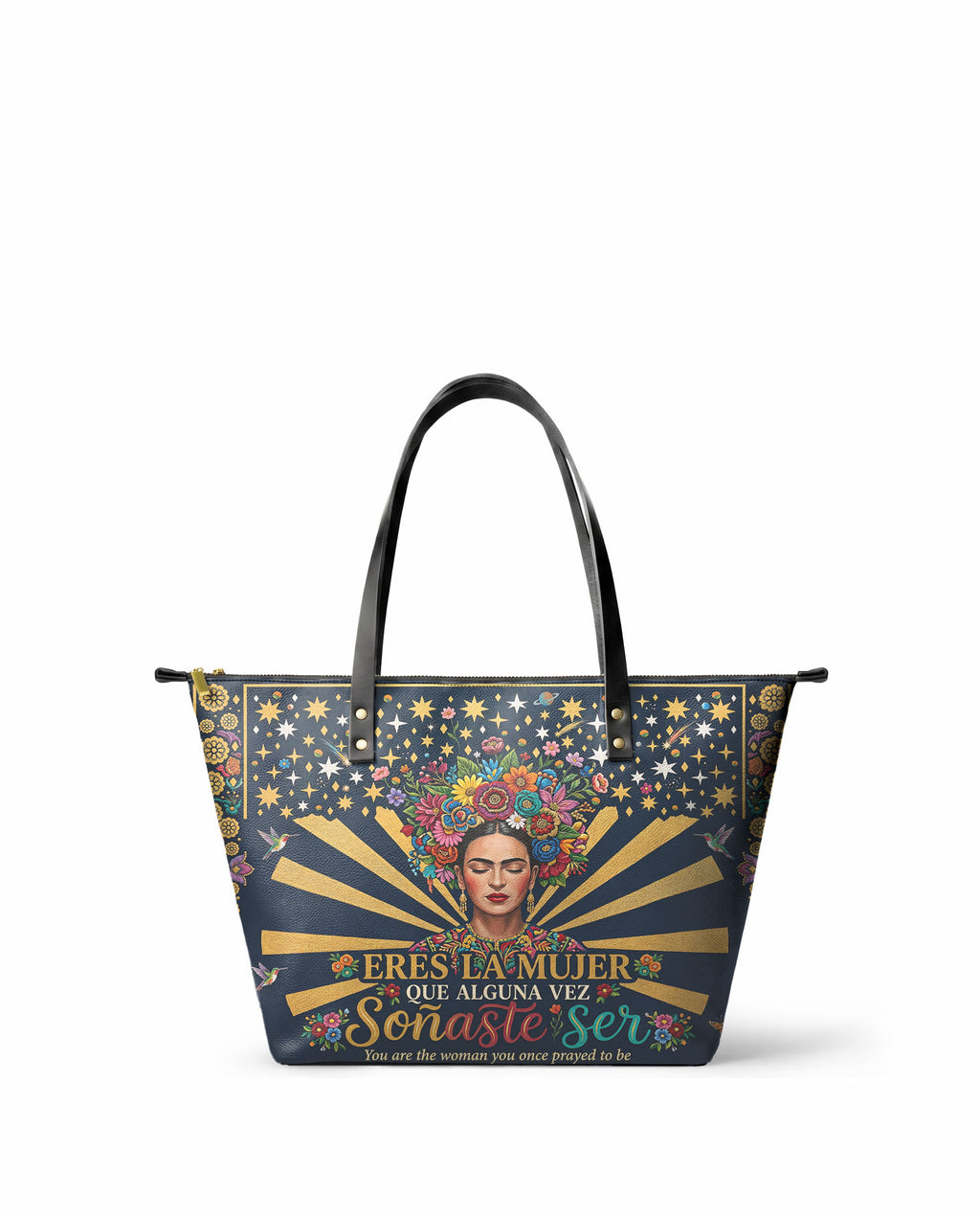 "Eres la mujer que alguna vez soñaste ser" ver.3 Leather Tote Bag - front view | Paleta Bags