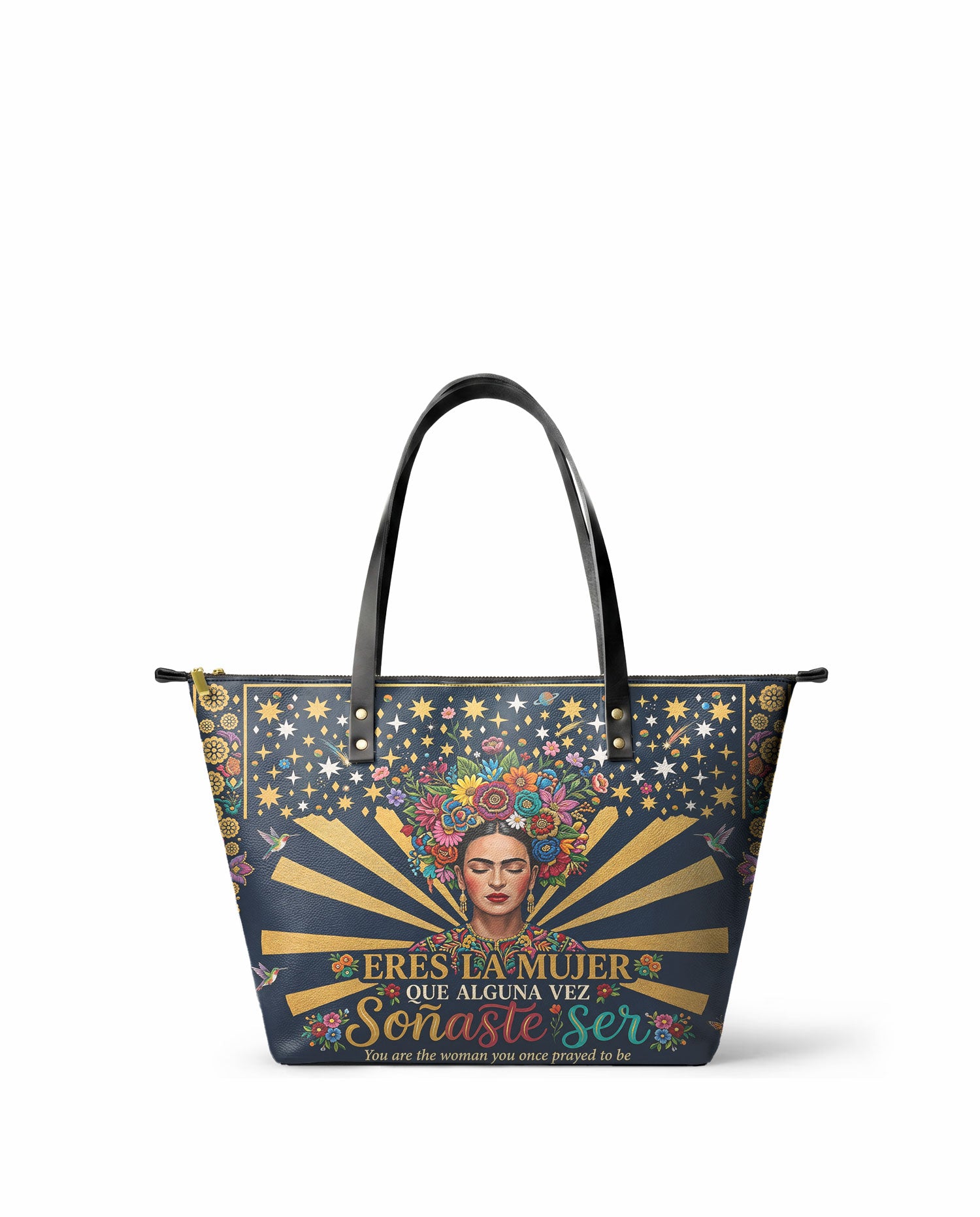 "Eres la mujer que alguna vez soñaste ser" ver.3 Leather Tote Bag - front view | Paleta Bags