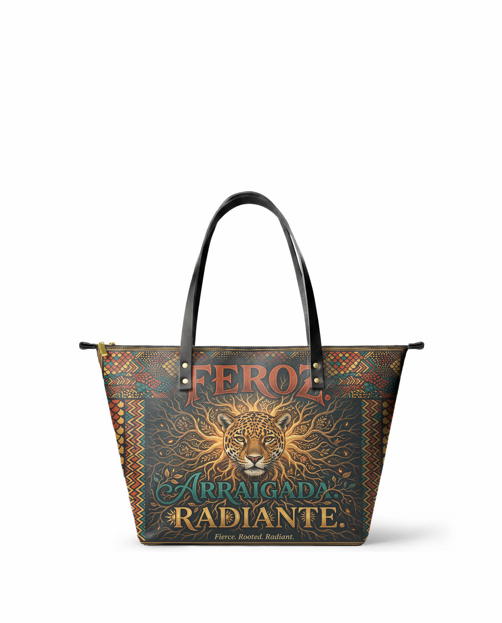 "Feroz. Arraigada. Radiante" ver.6 Leather Tote Bag - front view | Paleta Bags