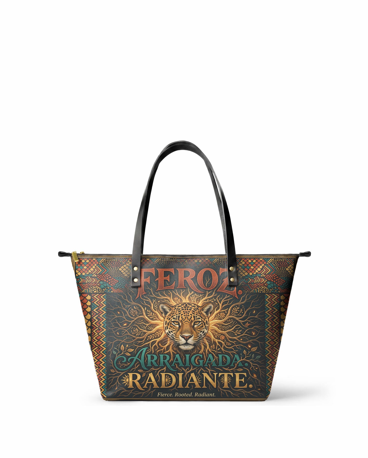 "Feroz. Arraigada. Radiante" ver.6 Leather Tote Bag - front view | Paleta Bags