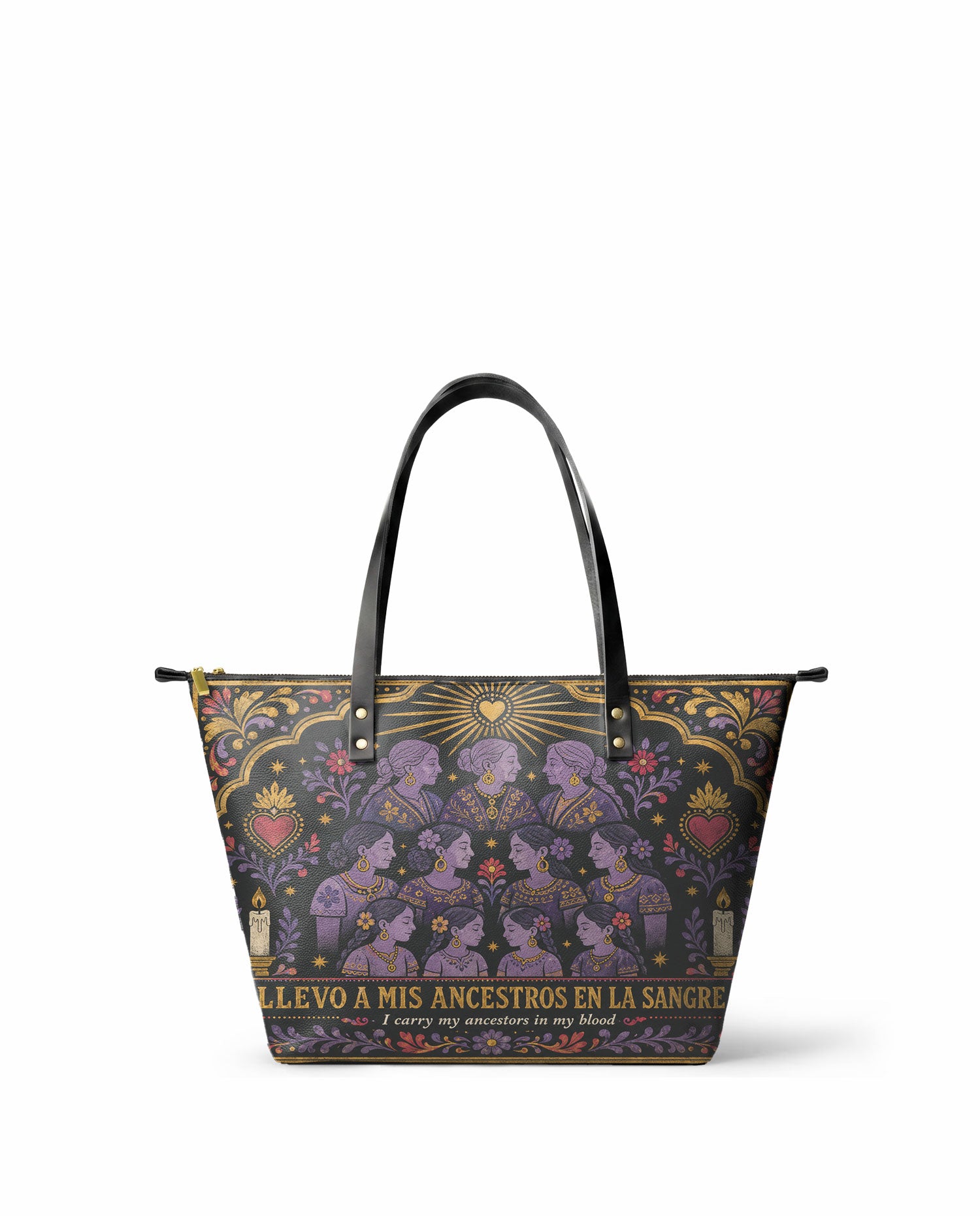 "Llevo a mis ancestros en la sangre" ver.3 Leather Tote Bag - front view | Paleta Bags