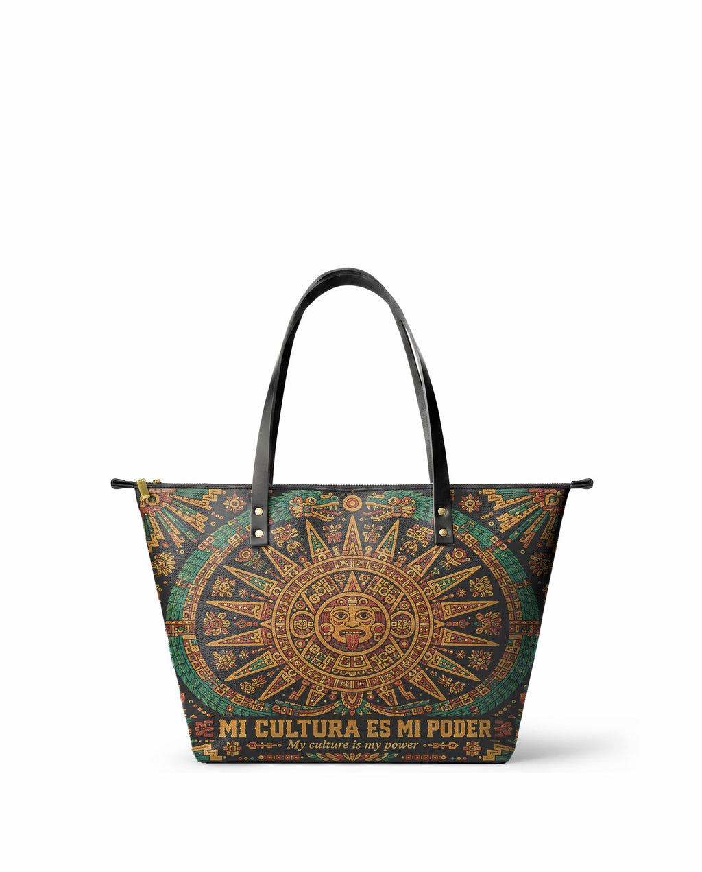 "Mi cultura es mi poder" ver.1 Leather Tote Bag - front view | Paleta Bags