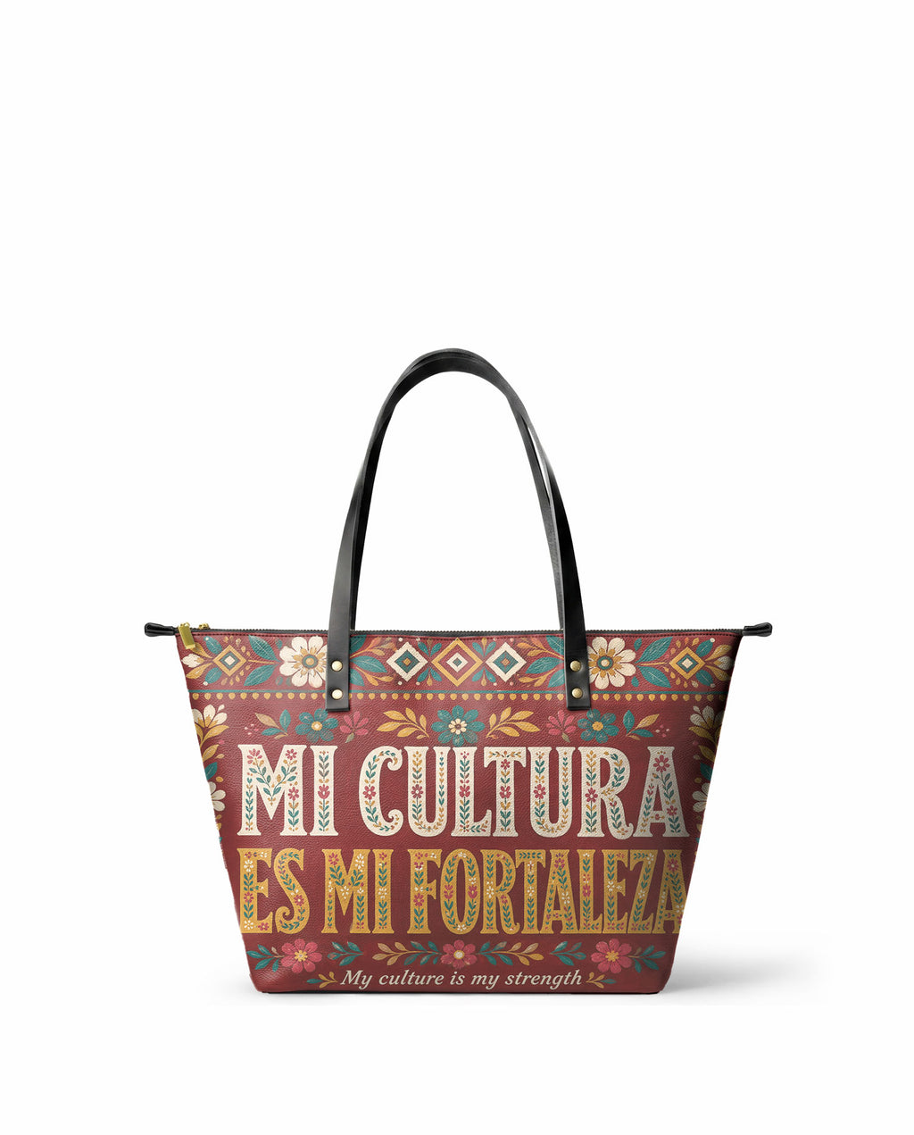 "Mi cultura es mi fortaleza" ver.6 Leather Tote Bag - front view | Paleta Bags