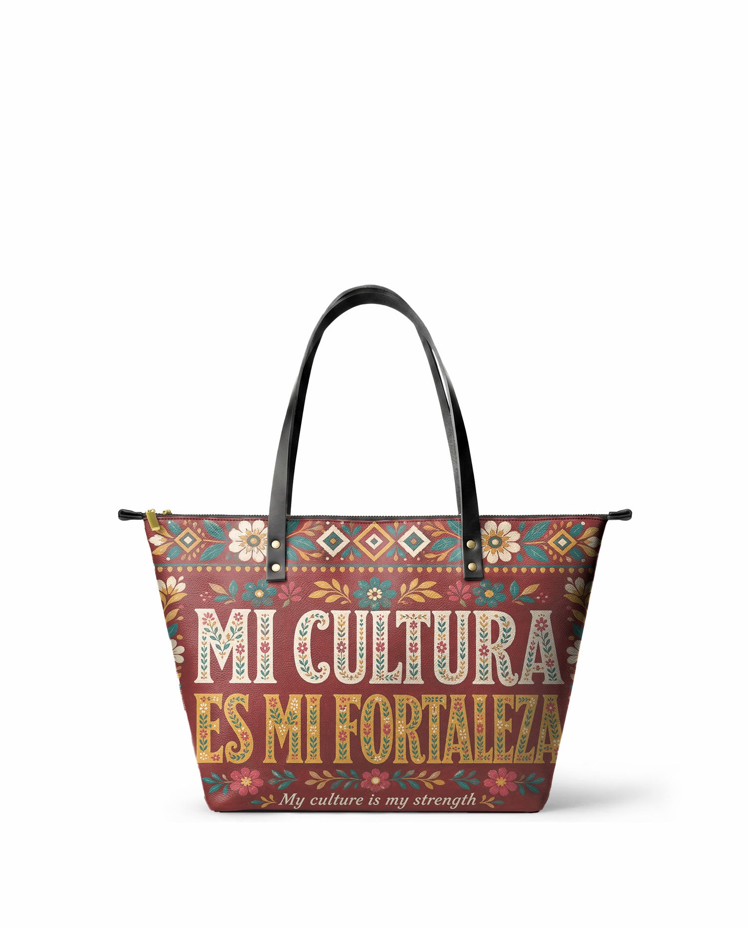 "Mi cultura es mi fortaleza" ver.6 Leather Tote Bag - front view | Paleta Bags