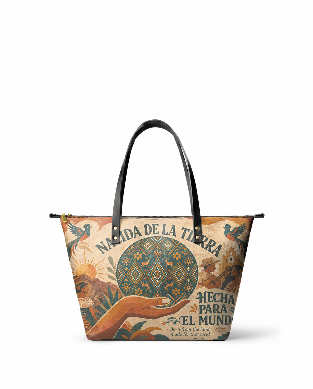 "Nacida de la tierra, hecha para el mundo" ver.1 Leather Tote Bag - front view | Paleta Bags