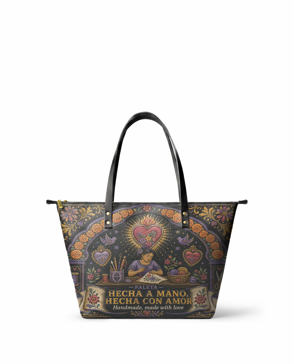 "Hecha a mano, hecha con amor" ver.5 Leather Tote Bag - front view | Paleta Bags