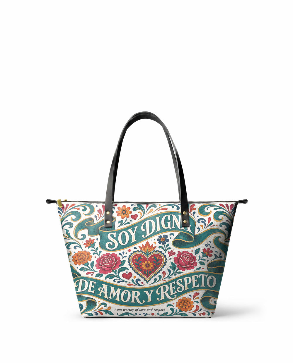 Cream tote bag with two teal banner ribbons carrying lettering, a red and gold heart between them and roses and marigolds around