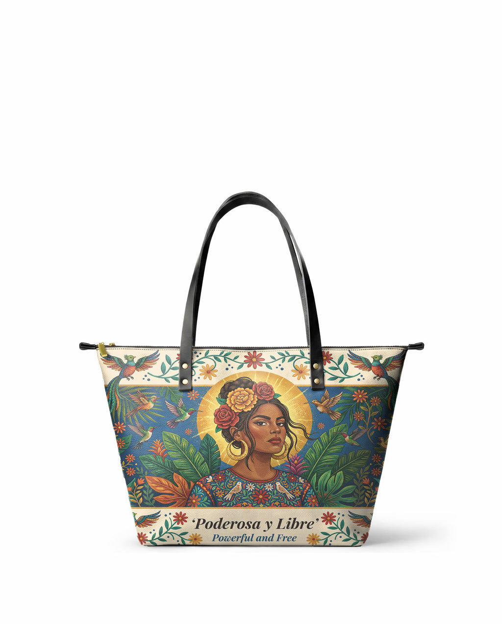 "Poderosa y Libre" ver.3 Leather Tote Bag - front view | Paleta Bags