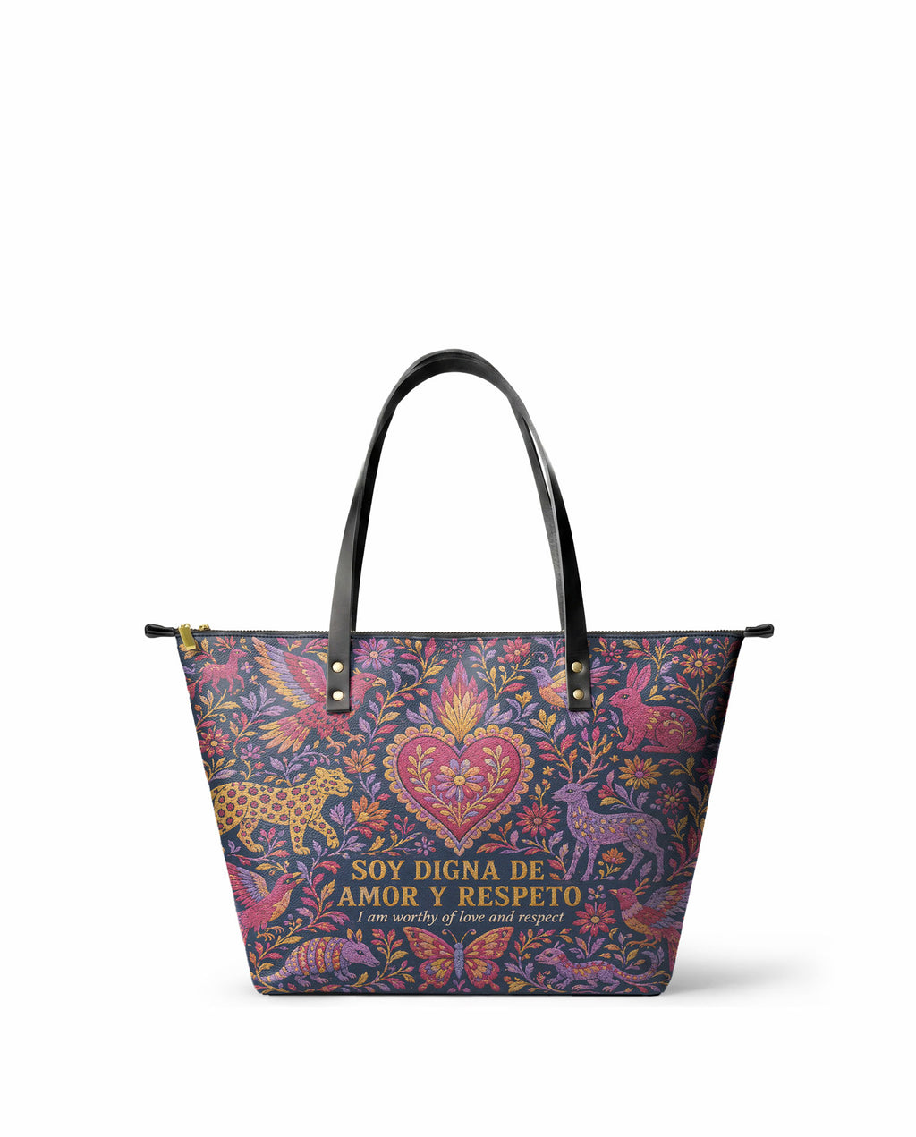 "Otomi Wild Embroidery" ver.2 Leather Tote Bag - front view | Paleta Bags