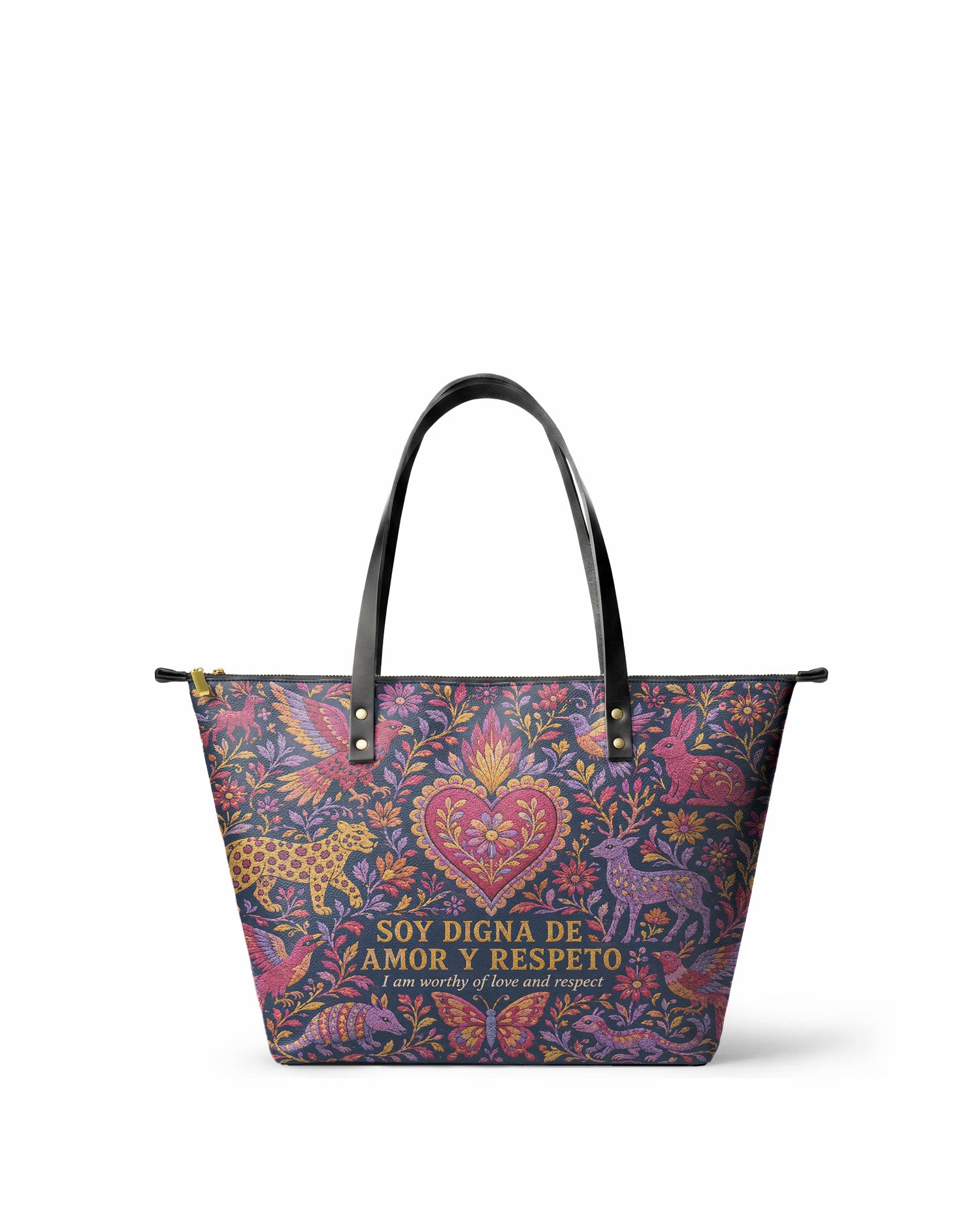 "Otomi Wild Embroidery" ver.2 Leather Tote Bag - front view | Paleta Bags