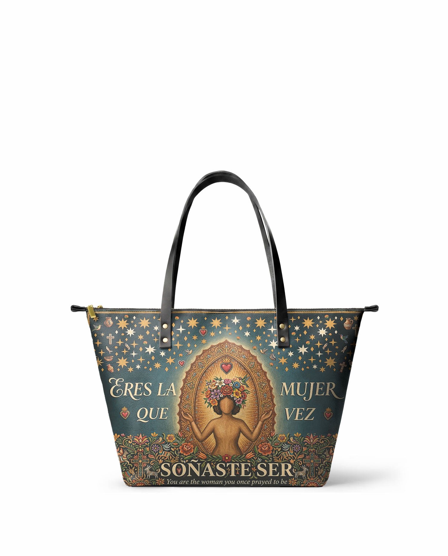 "Eres la mujer que alguna vez soñaste ser" ver.4 Leather Tote Bag - front view | Paleta Bags