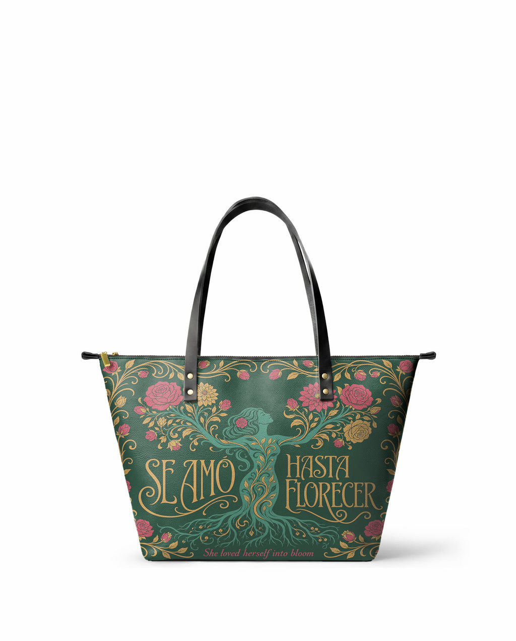 "Se amó hasta florecer" ver.3 Leather Tote Bag - front view | Paleta Bags