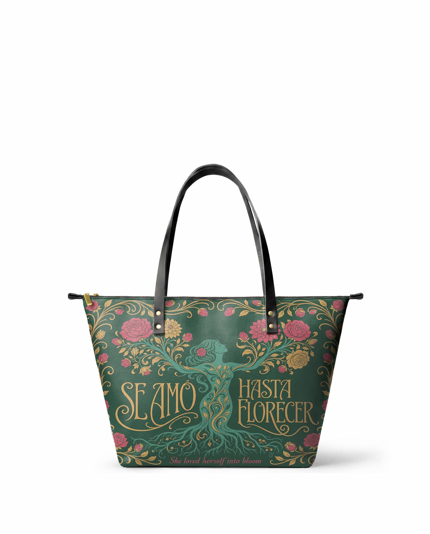 "Se amó hasta florecer" ver.3 Leather Tote Bag - front view | Paleta Bags