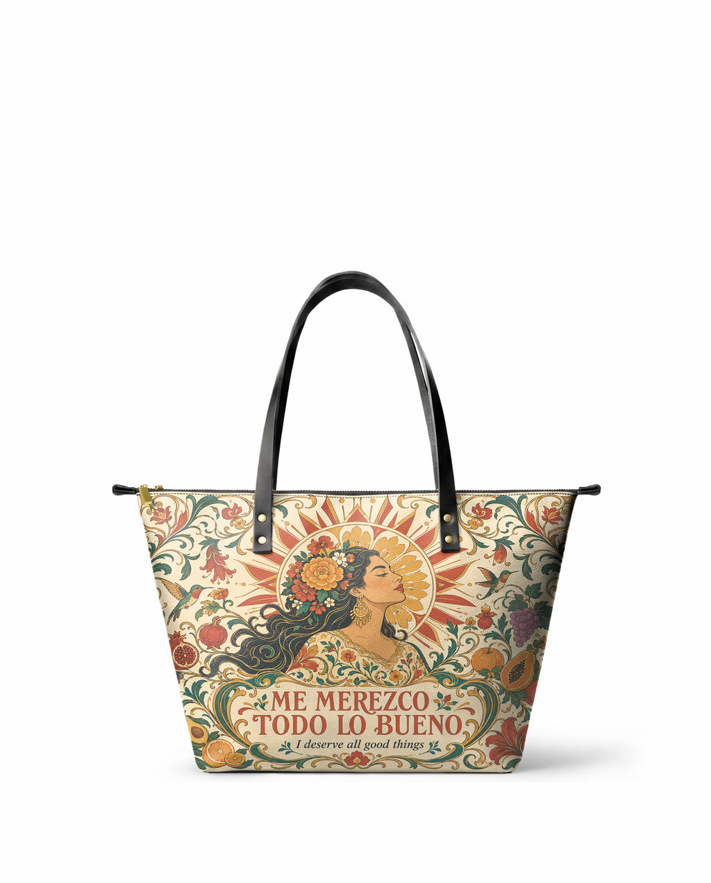 "Me merezco todo lo bueno" ver.3 Leather Tote Bag - front view | Paleta Bags