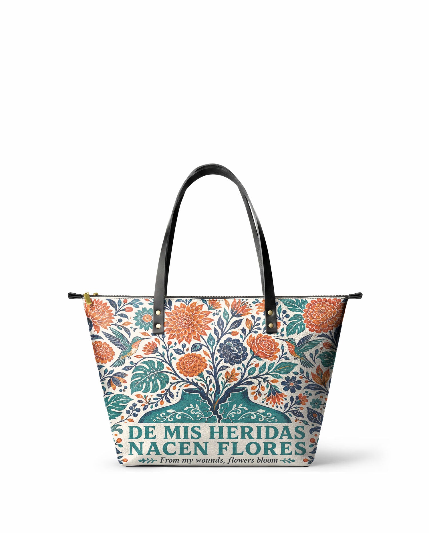 "De mis heridas nacen flores" ver.1 Leather Tote Bag - front view | Paleta Bags