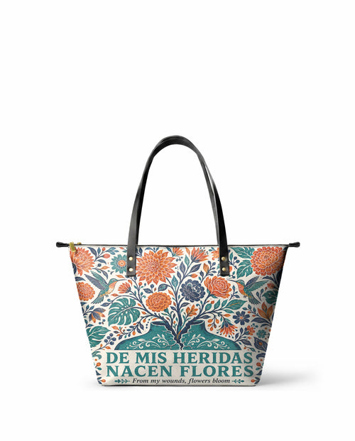 "De mis heridas nacen flores" ver.1 Leather Tote Bag - front view | Paleta Bags