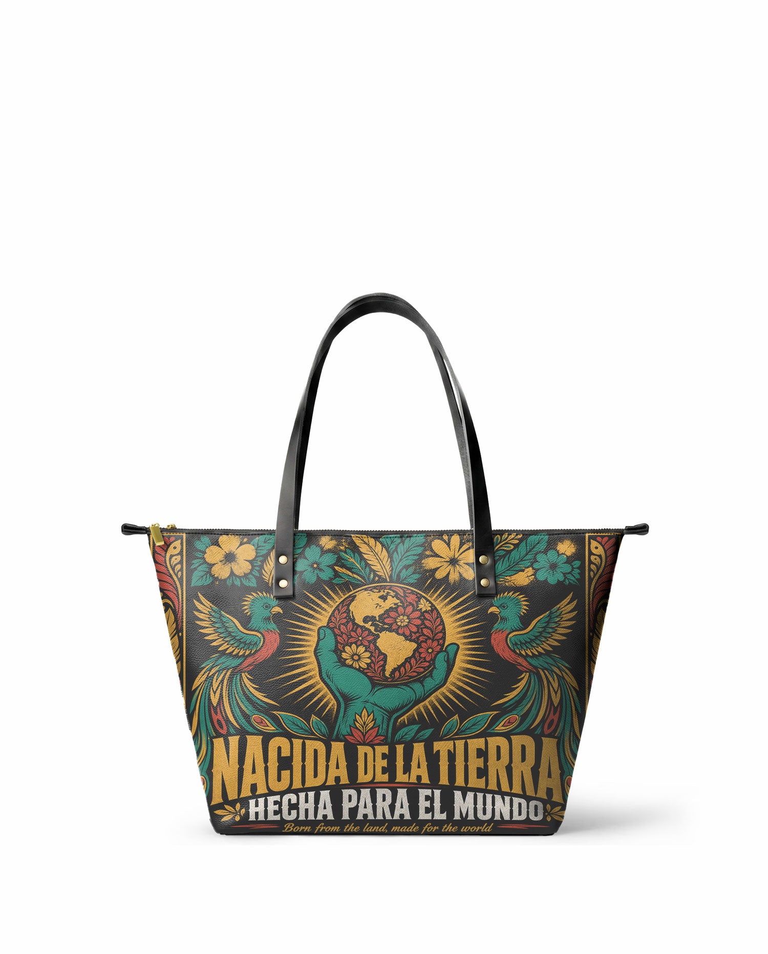 "Nacida de la tierra, hecha para el mundo" ver.4 Leather Tote Bag - front view | Paleta Bags