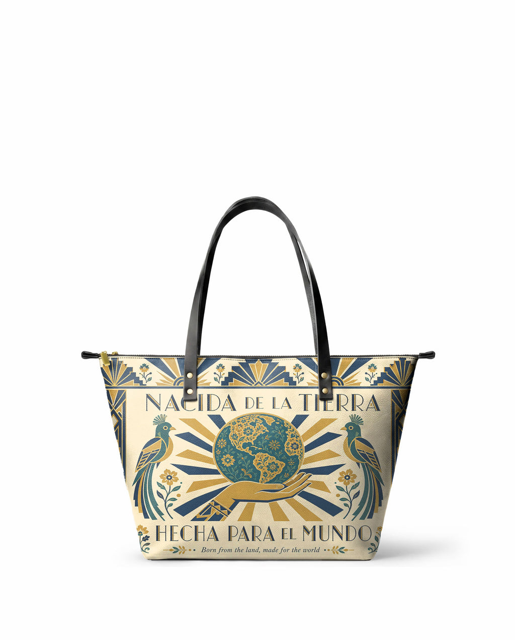 "Nacida de la tierra, hecha para el mundo" ver.2 Leather Tote Bag - front view | Paleta Bags