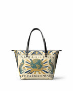 "Nacida de la tierra, hecha para el mundo" ver.2 Leather Tote Bag - front view | Paleta Bags
