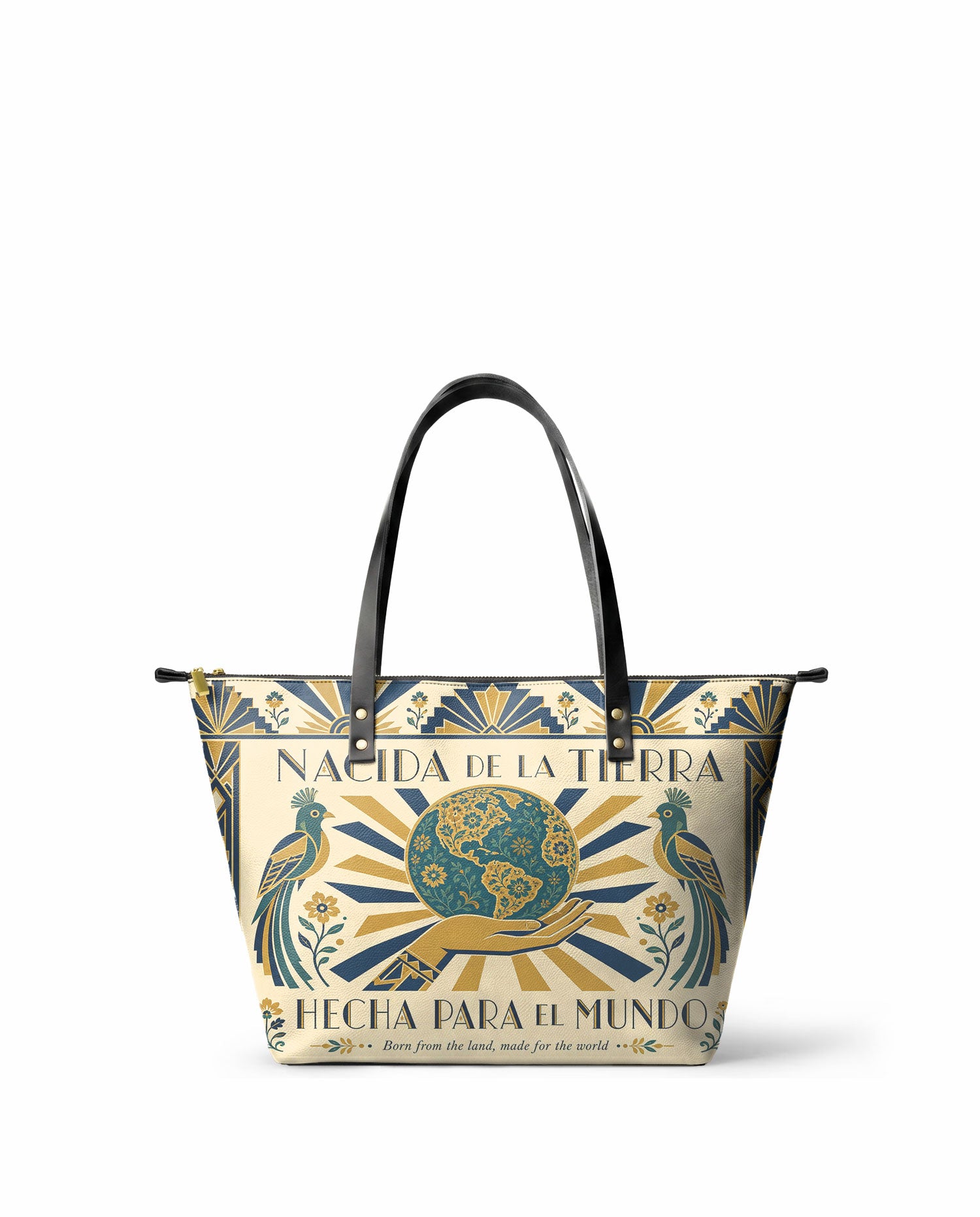 "Nacida de la tierra, hecha para el mundo" ver.2 Leather Tote Bag - front view | Paleta Bags