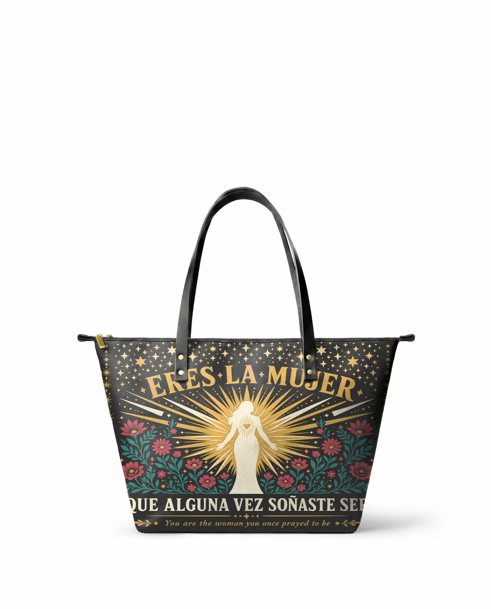 "Eres la mujer que alguna vez soñaste ser" ver.9 Leather Tote Bag - front view | Paleta Bags