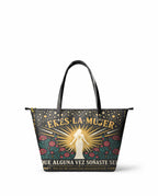 "Eres la mujer que alguna vez soñaste ser" ver.9 Leather Tote Bag - front view | Paleta Bags