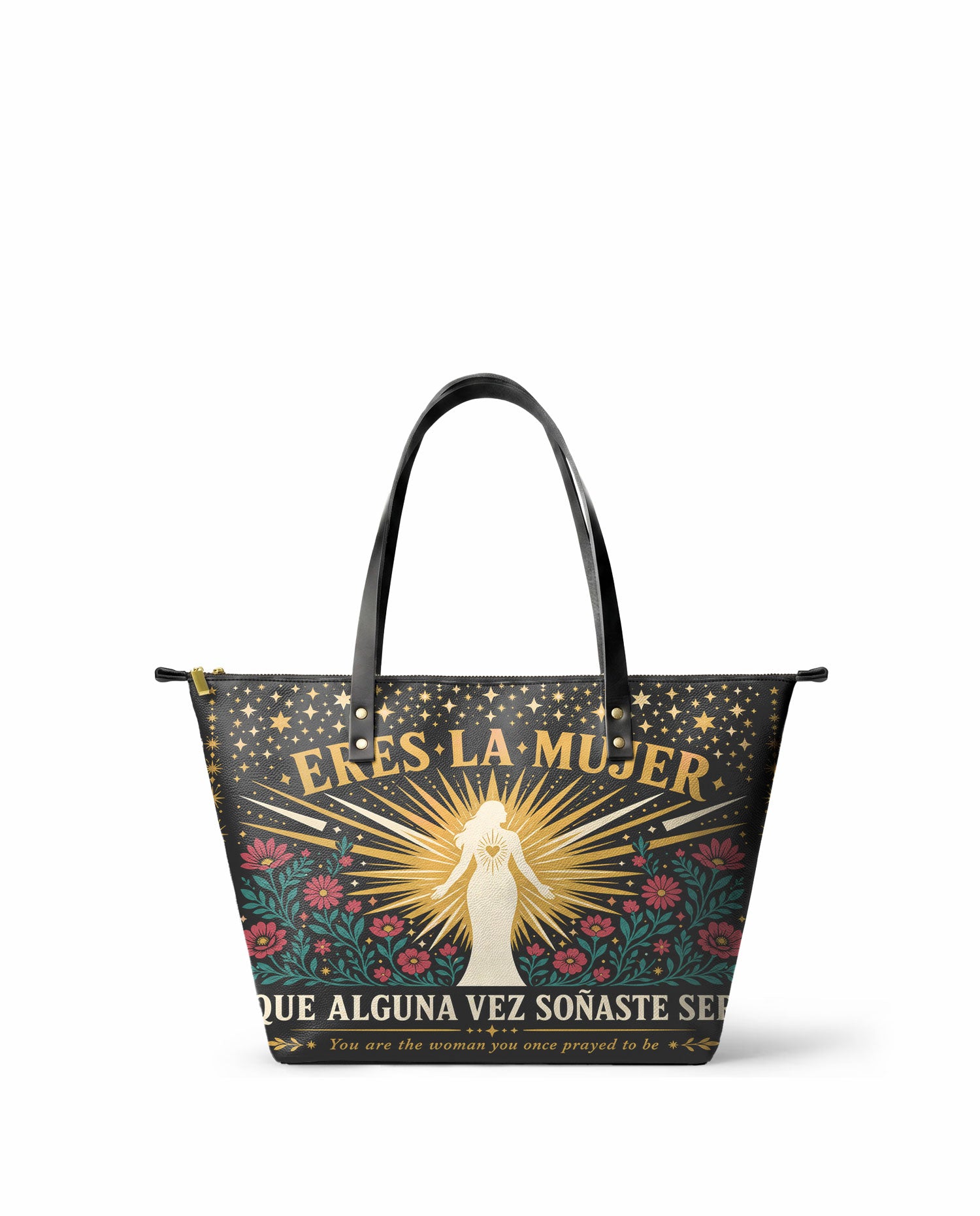 "Eres la mujer que alguna vez soñaste ser" ver.9 Leather Tote Bag - front view | Paleta Bags