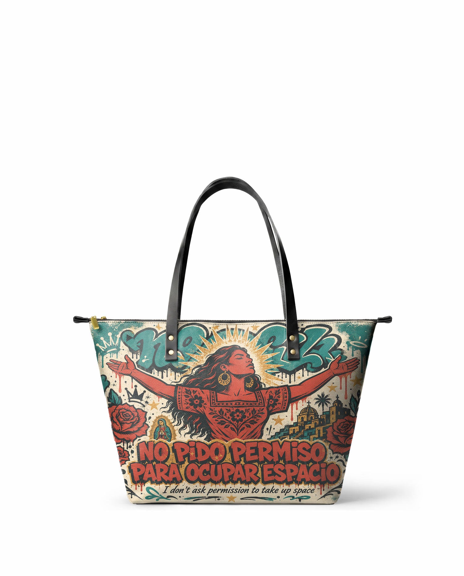 "No pido permiso para ocupar espacio" ver.3 Leather Tote Bag - front view | Paleta Bags