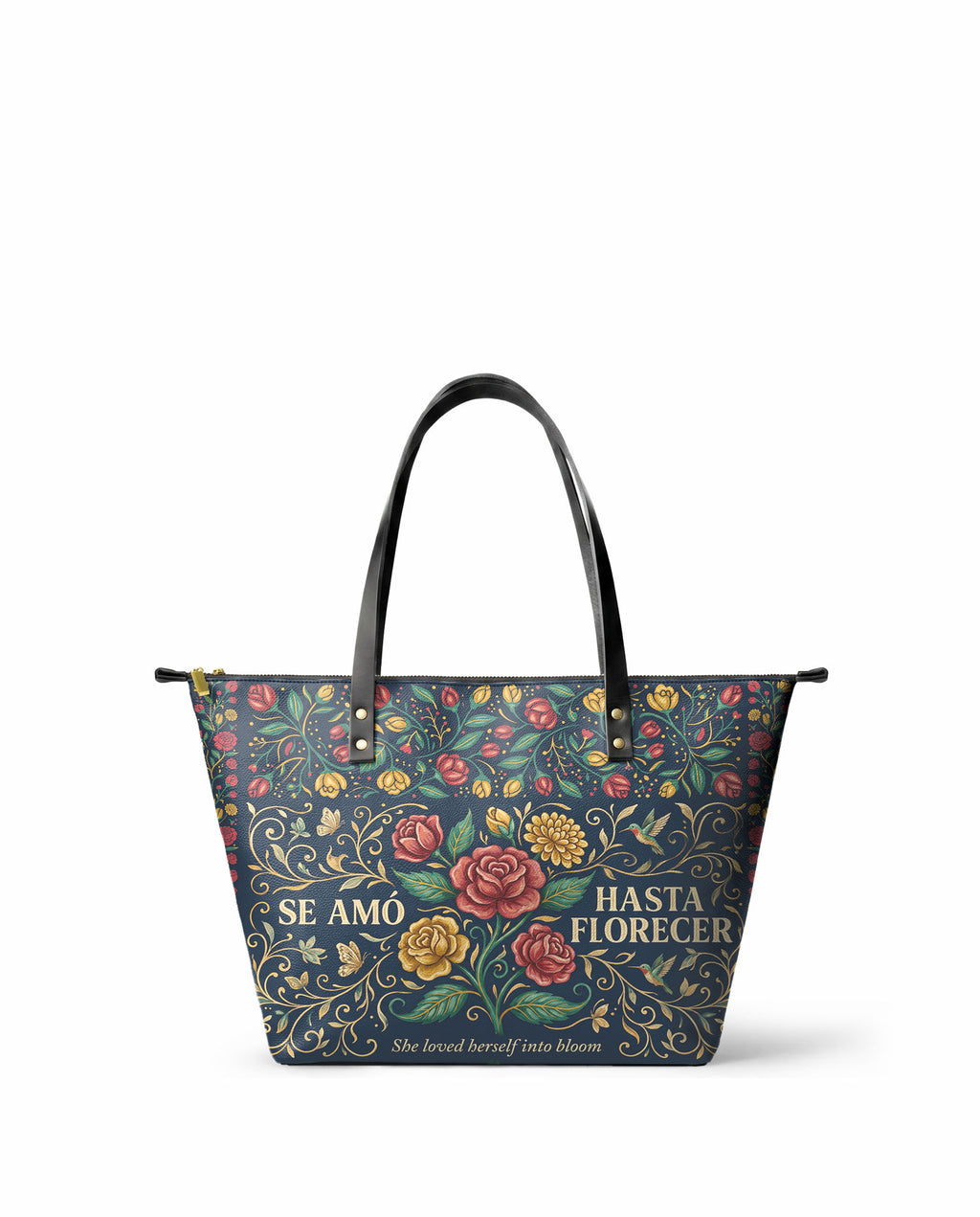 "Se amó hasta florecer" ver.6 Leather Tote Bag - front view | Paleta Bags