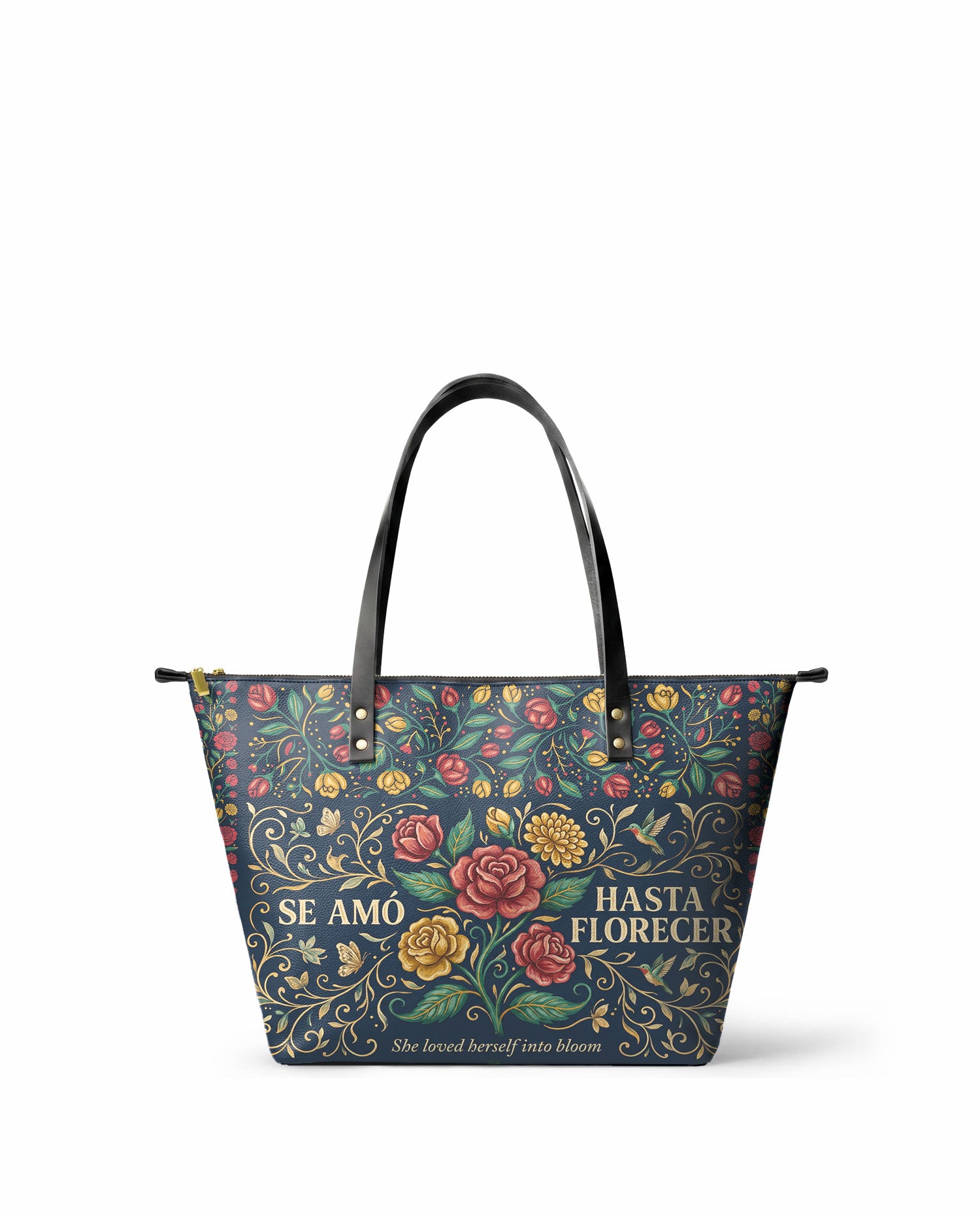 "Se amó hasta florecer" ver.6 Leather Tote Bag - front view | Paleta Bags