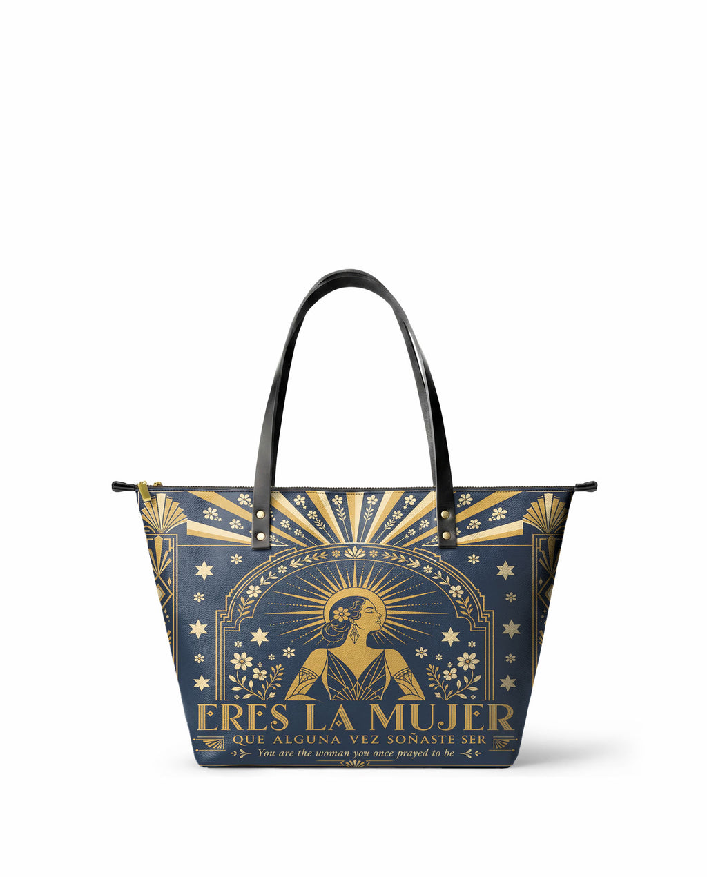 "Eres la mujer que alguna vez soñaste ser" ver.7 Leather Tote Bag - front view | Paleta Bags