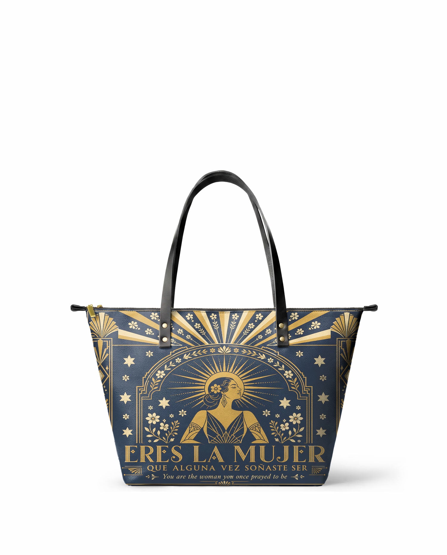 "Eres la mujer que alguna vez soñaste ser" ver.7 Leather Tote Bag - front view | Paleta Bags