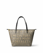 "Mi cultura es mi fortaleza" ver.5 Leather Tote Bag - front view | Paleta Bags
