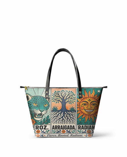 "Feroz. Arraigada. Radiante" ver.3 Leather Tote Bag - front view | Paleta Bags