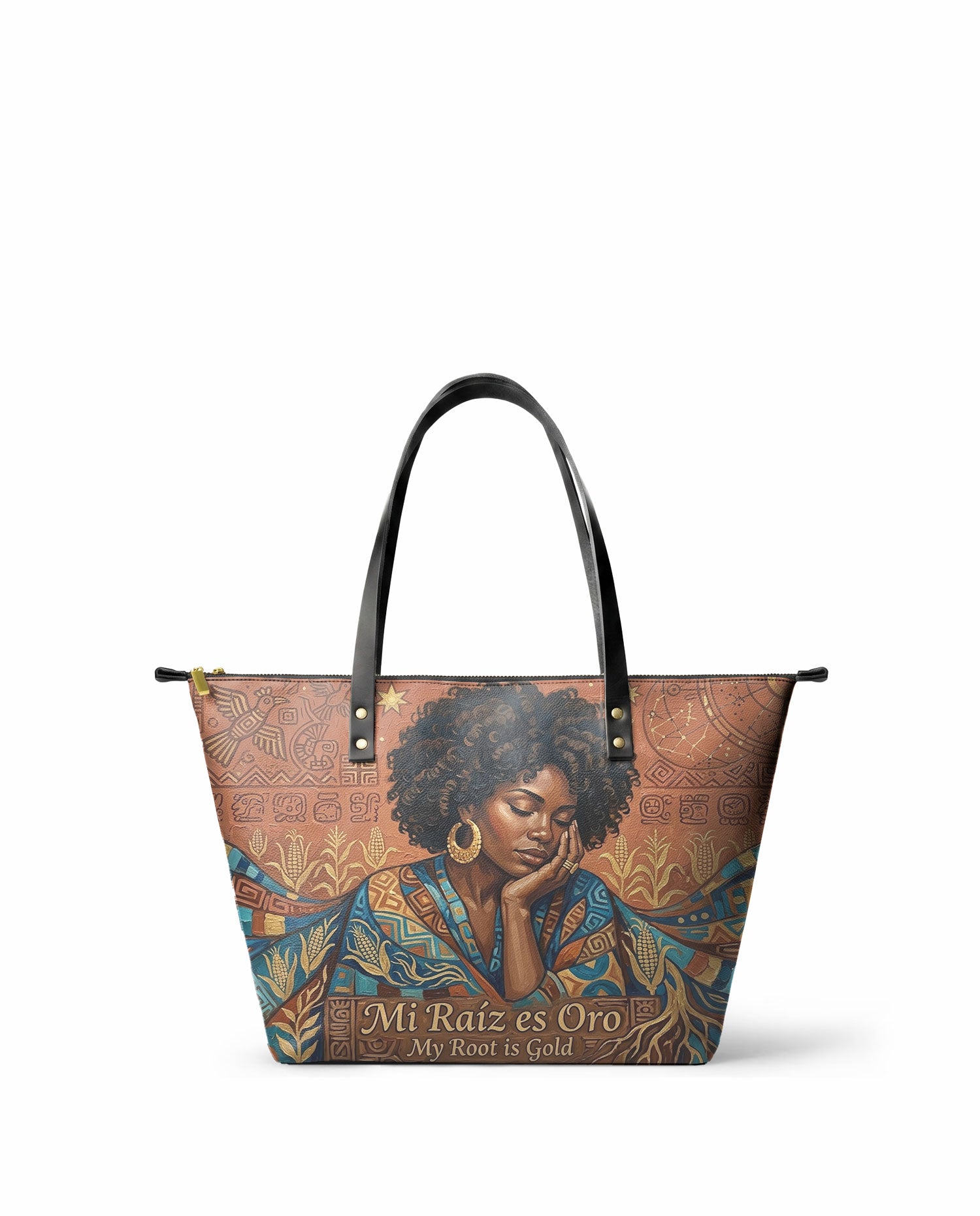 "Mi Raíz es Oro" ver.4 Leather Tote Bag - front view | Paleta Bags