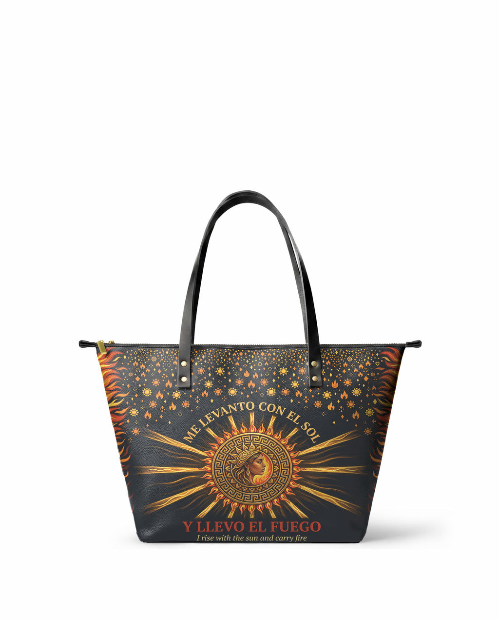 "Me levanto con el sol y llevo el fuego" ver.2 Leather Tote Bag - front view | Paleta Bags