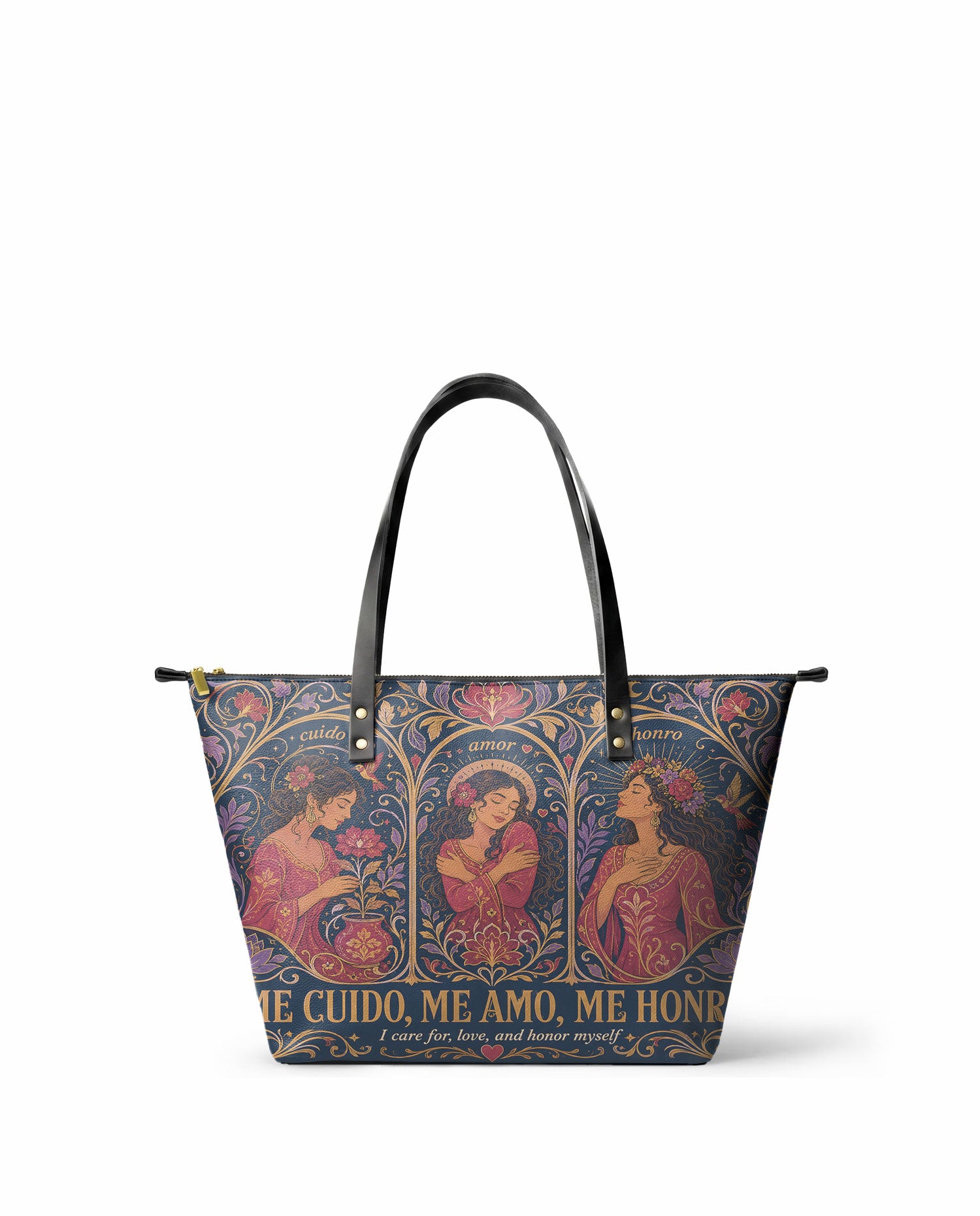 "Me cuido, me amo, me honro" ver.3 Leather Tote Bag - front view | Paleta Bags