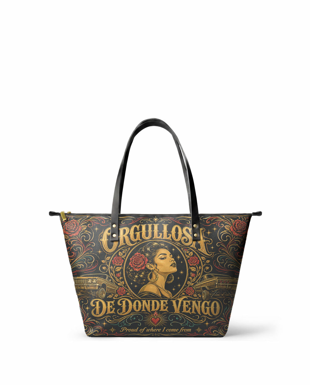 "Orgullosa de donde vengo" ver.4 Leather Tote Bag - front view | Paleta Bags