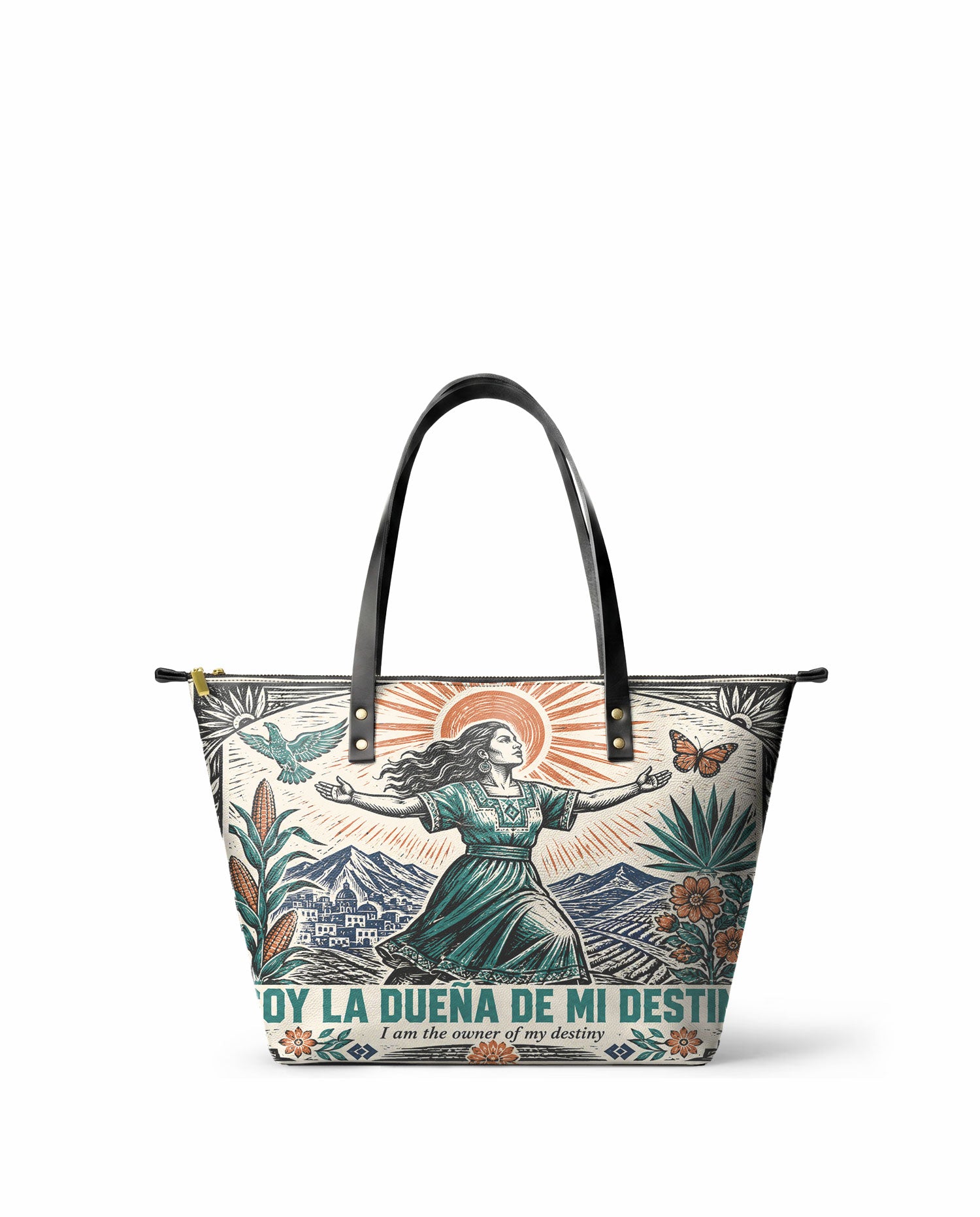 "Soy la dueña de mi destino" ver.2 Leather Tote Bag - front view | Paleta Bags