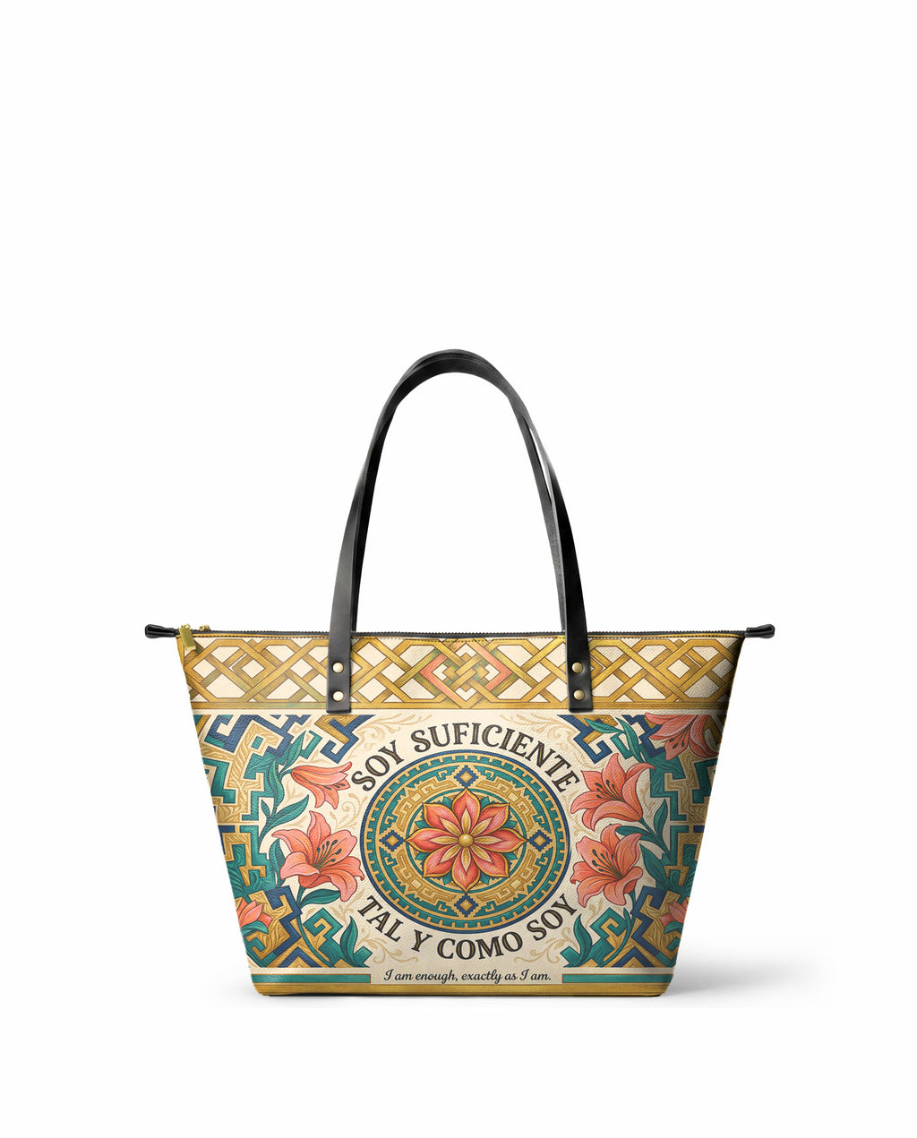 "Soy suficiente, tal y como soy" ver.9 Leather Tote Bag - front view | Paleta Bags