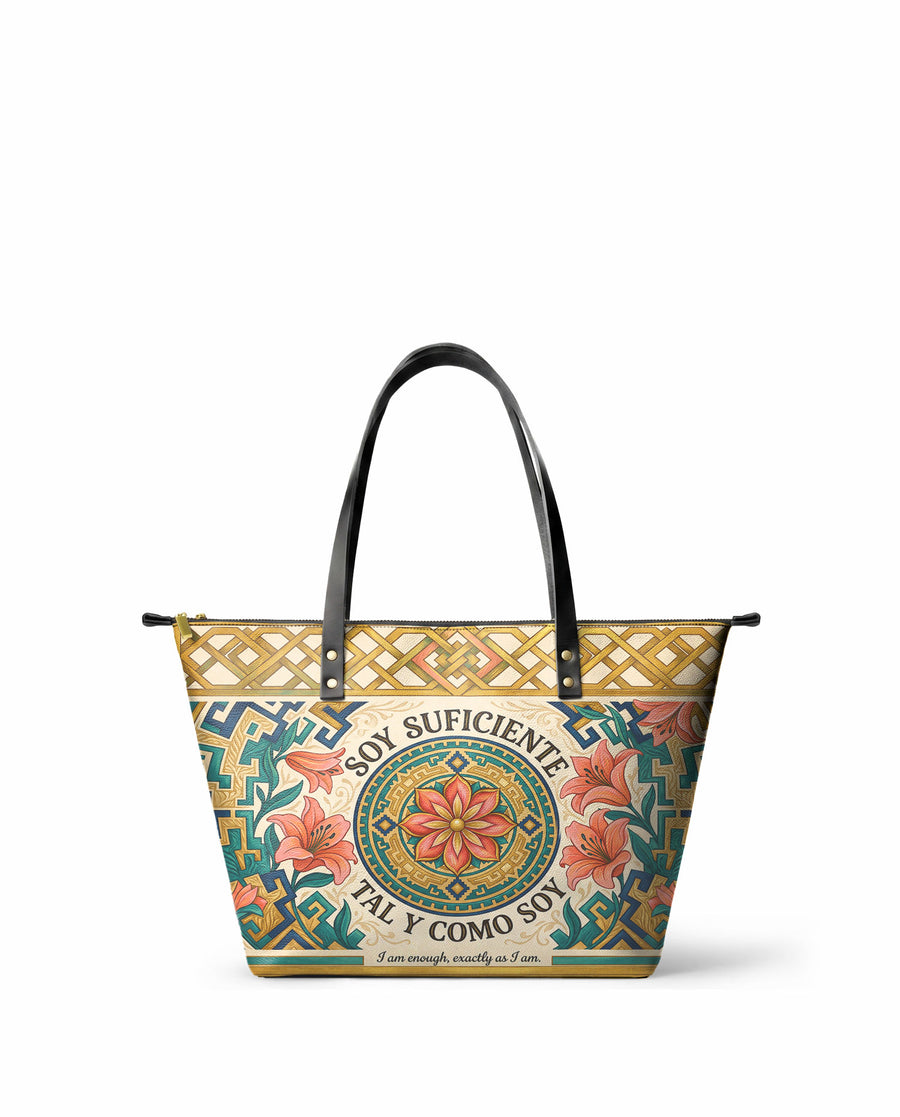 "Soy suficiente, tal y como soy" ver.9 Leather Tote Bag