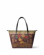 "Lleva su cultura como flores en flor" ver.4 Leather Tote Bag - front view | Paleta Bags