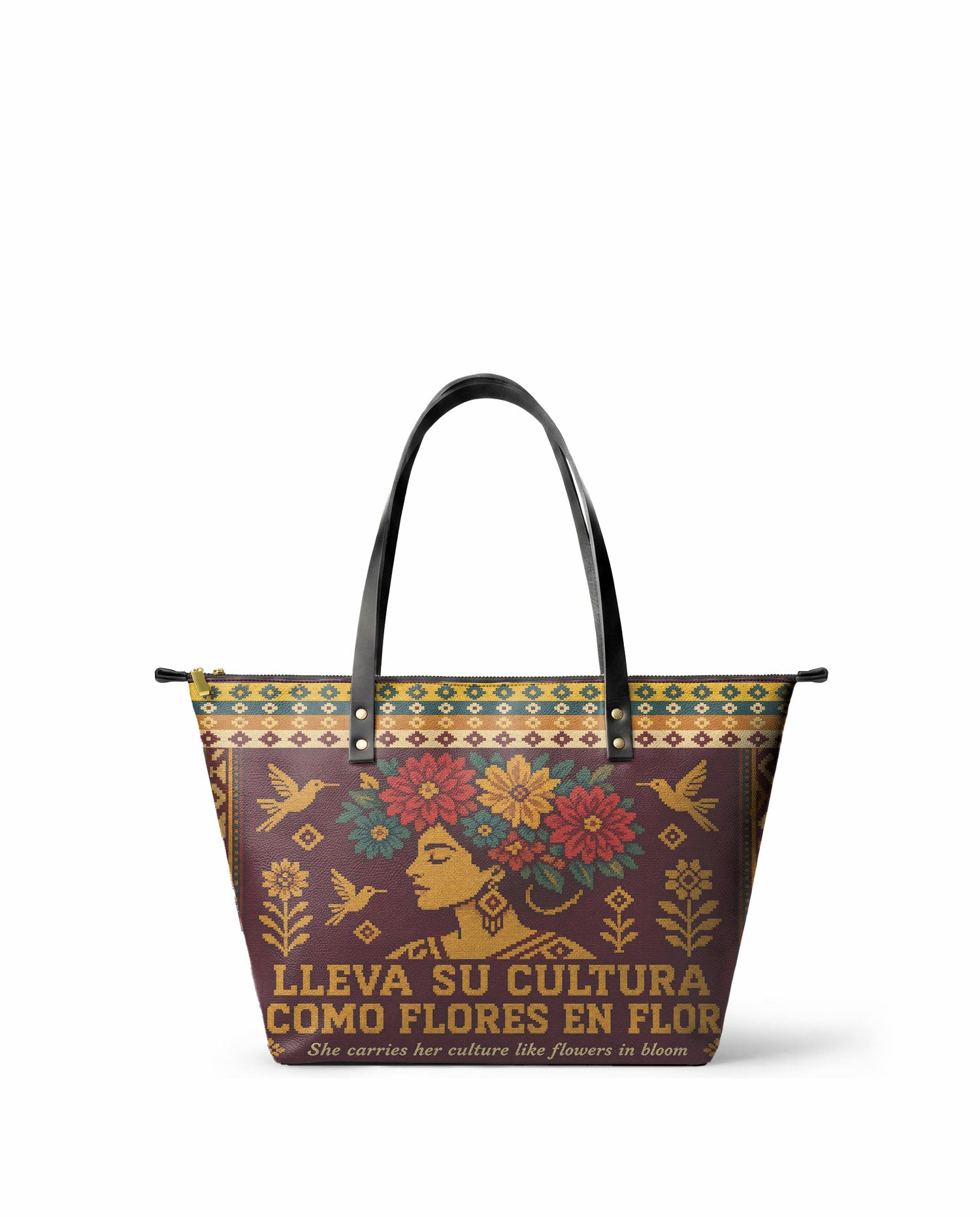 "Lleva su cultura como flores en flor" ver.4 Leather Tote Bag - front view | Paleta Bags