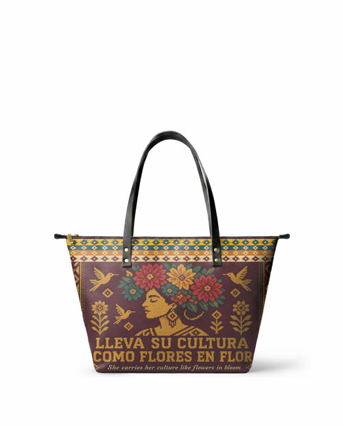 "Lleva su cultura como flores en flor" ver.4 Leather Tote Bag - front view | Paleta Bags