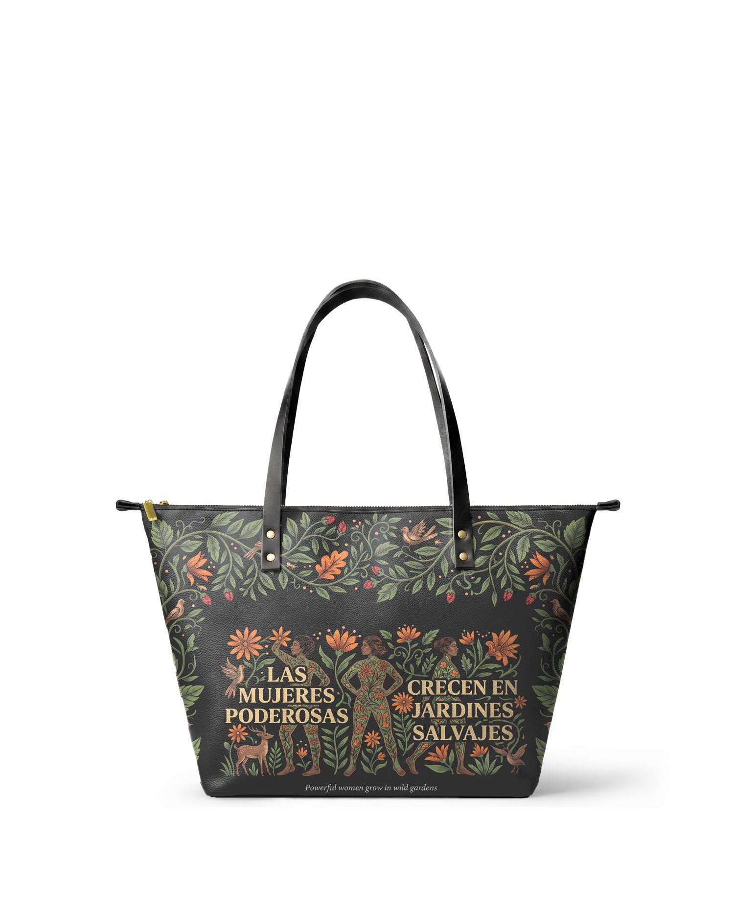 "Las mujeres poderosas crecen en jardines salvajes" ver.2 Leather Tote Bag - front view | Paleta Bags