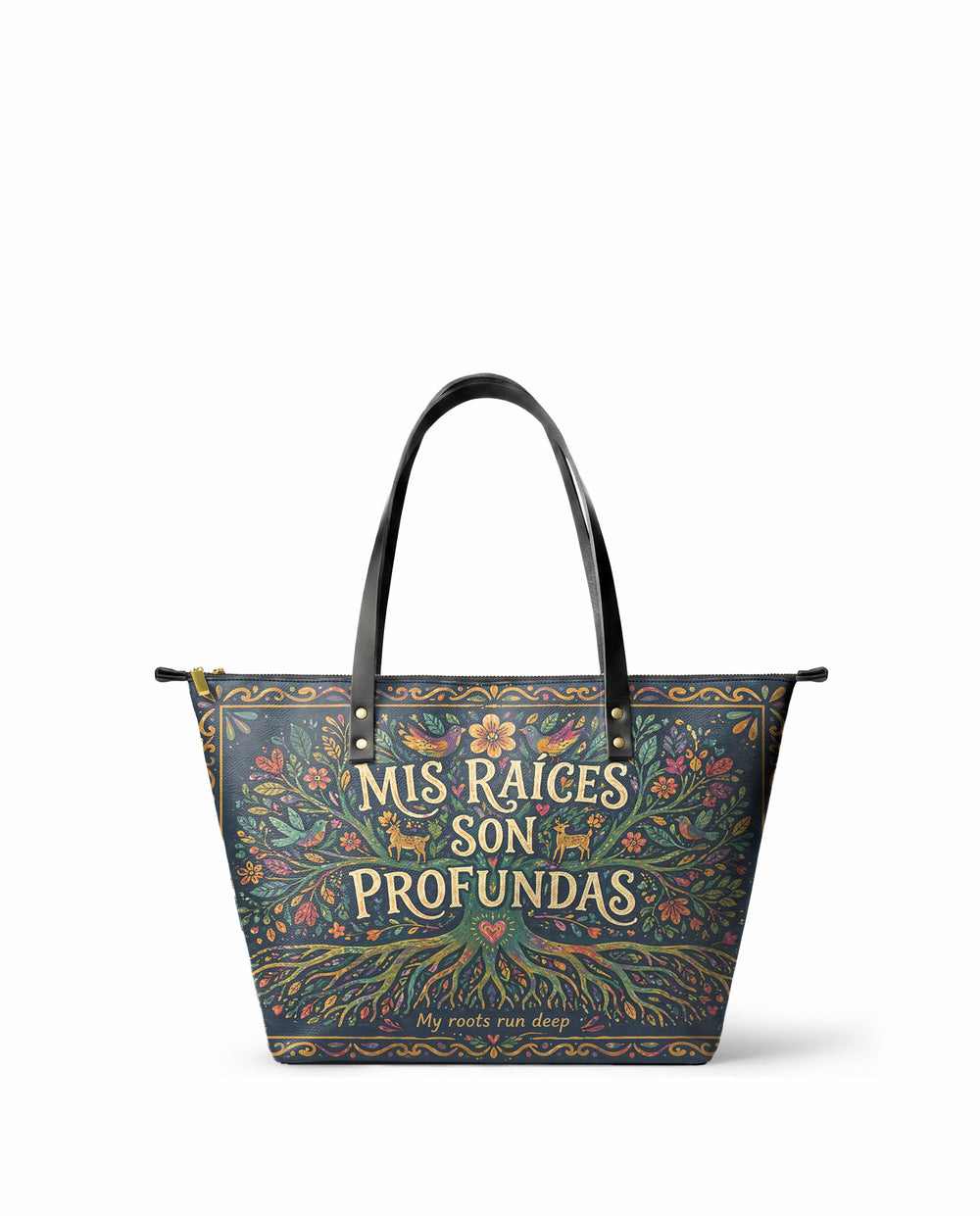 "Mis Raíces son Profundas" ver.4 Leather Tote Bag - front view | Paleta Bags