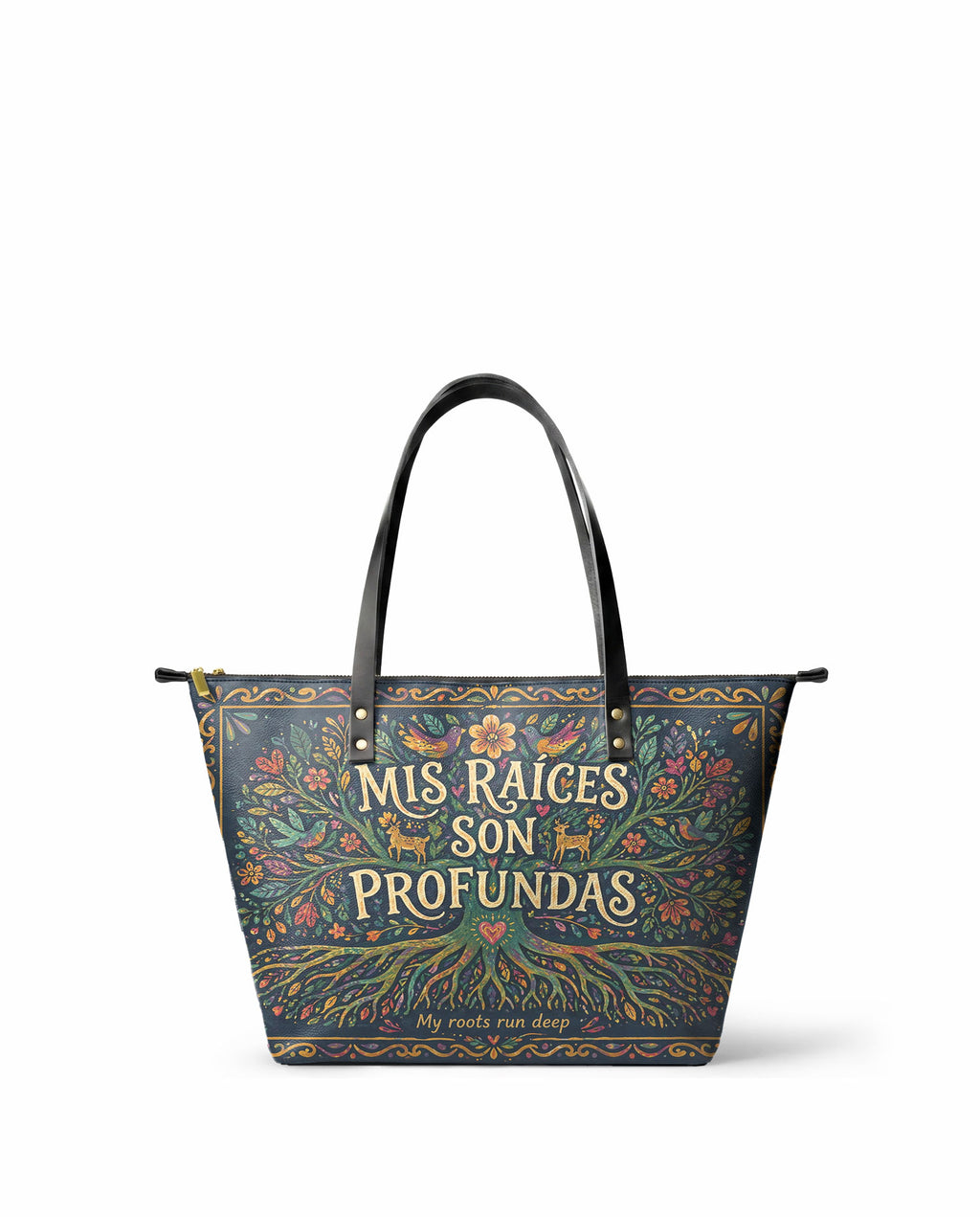 "Mis Raíces son Profundas" ver.4 Leather Tote Bag - front view | Paleta Bags