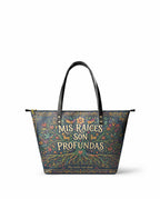 "Mis Raíces son Profundas" ver.4 Leather Tote Bag - front view | Paleta Bags