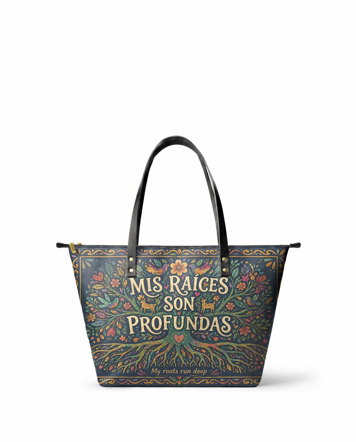"Mis Raíces son Profundas" ver.4 Leather Tote Bag - front view | Paleta Bags