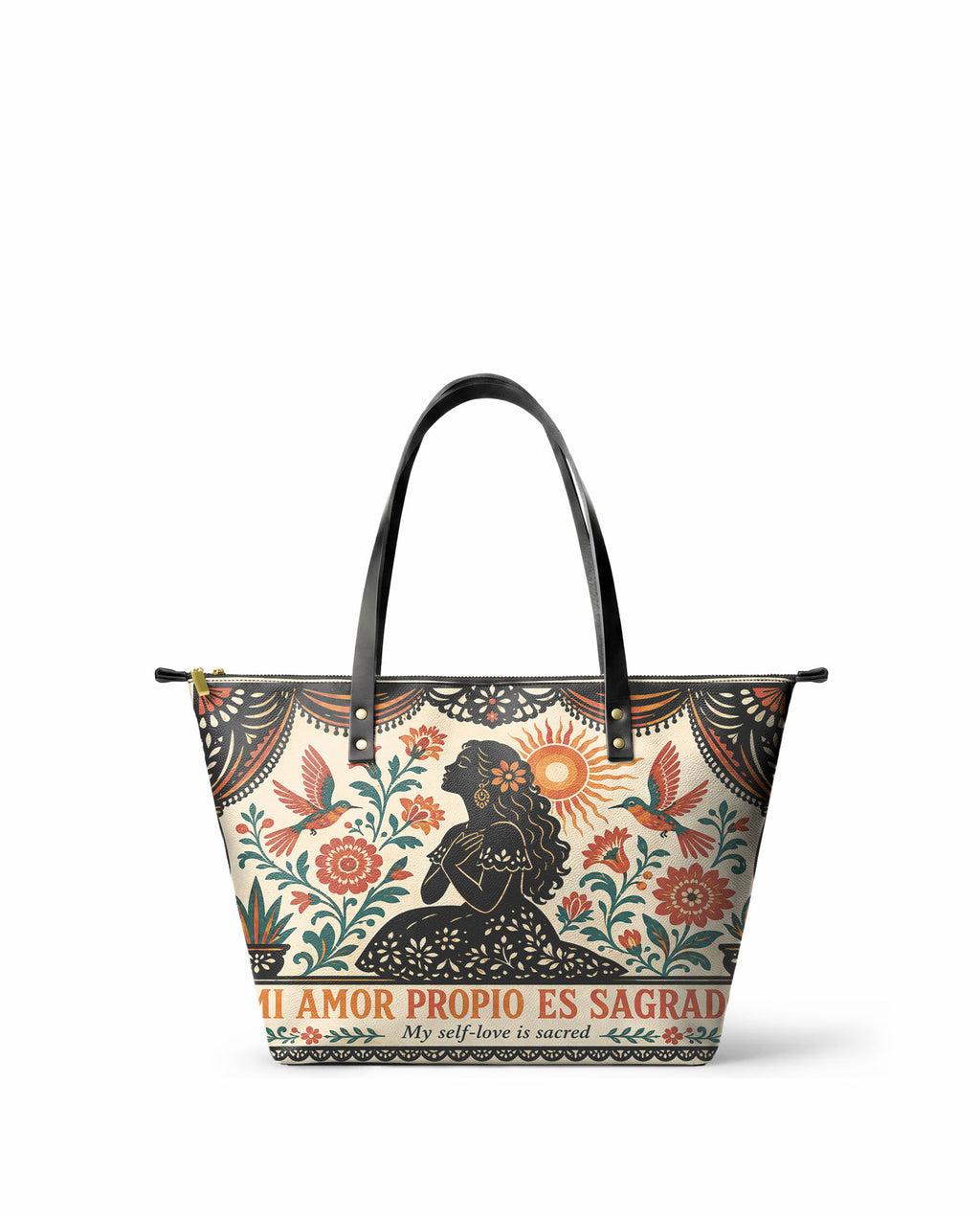 "Mi amor propio es sagrado" ver.5 Leather Tote Bag - front view | Paleta Bags